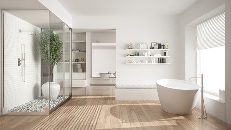 minimalist white scandinavian bathroom with walk-in closet, classic scandinavian interior design, 3d illustration