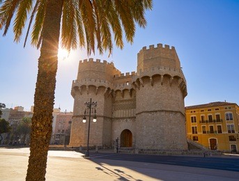 torres de serrano towers in valencia old city door at spain