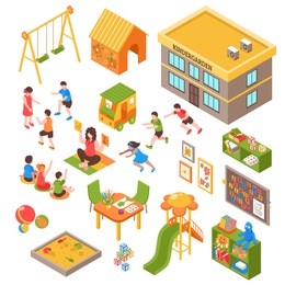 isometric kindergarten set of isolated playground elements toys indoor furniture and kids characters on blank background vector illustration