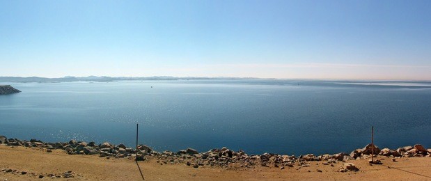 view from the aswan high dam across the lake nasser, egypt