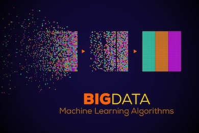 big data machine learning algorithms. analysis of information minimalistic infographics design. science/technology background. vector illustration.