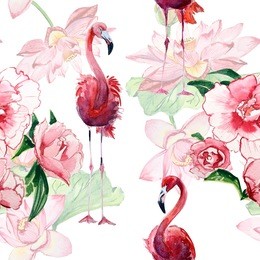 seamless pattern with flowers and flamingo