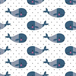 seamless pattern with cute cartoon whales on polka dots background. vector sea background for kids. child drawing style cartoon baby animals underwater illustration. design for fabric, textile, decor.