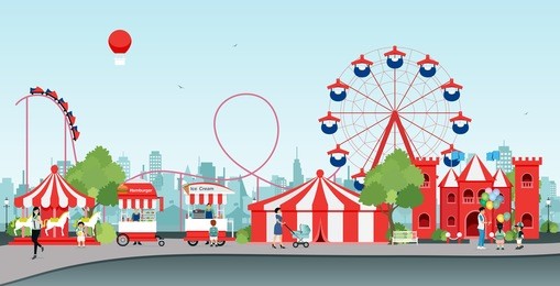 amusement park with ferris wheel and balloon