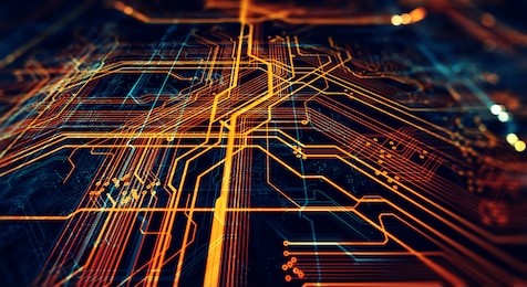 circuit board futuristic server code processing. orange,  green, blue technology background with bokeh. 3d illustration/printed circuit board futuristic server