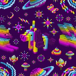 unicorn shit,space sphinx rainbow,stars,saturn.computer characters,3d,cubes,pixel art,game style,digital,purple seamless pattern for wallpaper,textiles.vector