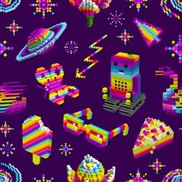 robot loved butterfly,swan,ice cream,cake,space rainbow,stars.computer characters,3d,cubes,pixel art,game style,digital,seamless pattern for wallpaper,textiles,.vector