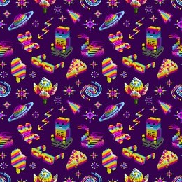 robot loved butterfly,swan,ice cream,cake,space rainbow,stars.computer characters,3d,cubes,pixel art,game style,digital,seamless pattern for wallpaper,textiles.vector