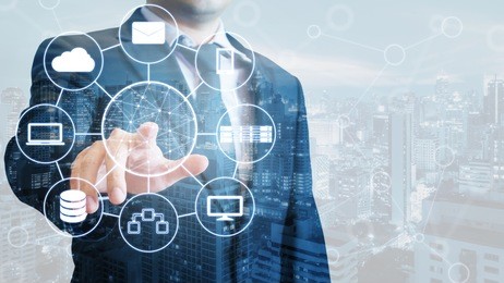double exposure of professional businessman connected devices world digital technology internet and wireless network on touch screen and city of business background, business and technology concept
