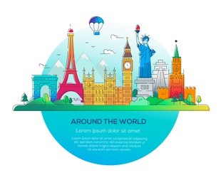 around the world - modern vector line travel illustration. discover russia, england, usa, france. have a trip, enjoy your vacation.see landmarks like stature of liberty, kremlin, tower