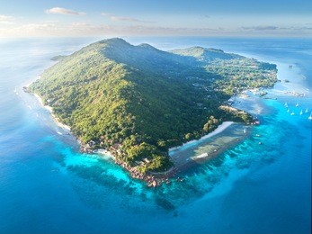 seychelles, la digue island, aerial drone photo