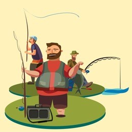 happy fisherman stands and holds in hand fishing rod with spinning and fish catch, bag with fishman spin and equipment, funny cartoon vector illustration, man active vacation banner or flyer concept