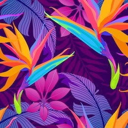 tropical leaves and paradise flowers in night jungle. seamless exotic detailed botanical pattern. vector colorful trendy background.