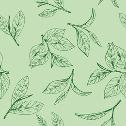 seamless pattern vector with hand-drawn leaves and branches of tea