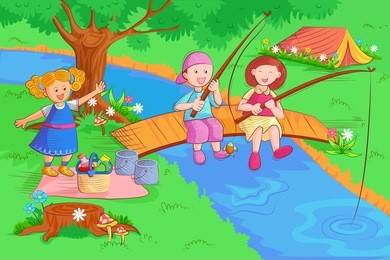 vector design of kids doing fishing and enjoying in summer vacation