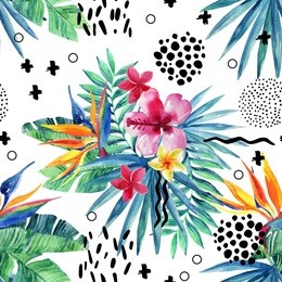 abstract tropical summer seamless pattern. watercolor exotic flowers, palm leaves, grunge textures, doodles. water color background with 80s or 90s elements. hand painted illustration