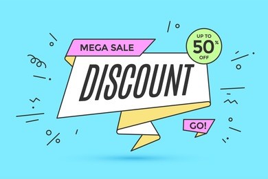 ribbon banner with text discount for sale and promotion. colorful realistic sticker, banner for sale, shopping, market, business theme. design elements for flyer, poster. vector illustration