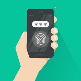 hand with smartphone unlocked with fingerprint and password field vector, concept of security, personal access via finger on mobile phone, user authorization, login, protection technology