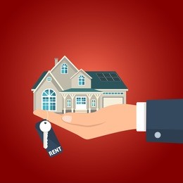 hand  holding residential building for rent and the figurine vector illustration. 
