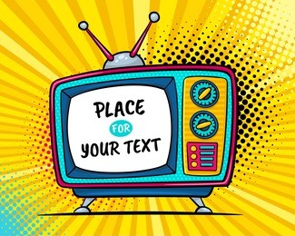hand drawn comic retro tv set with place for your text on screen on halftone and dots. vector colorful background in pop art retro comic style. 
