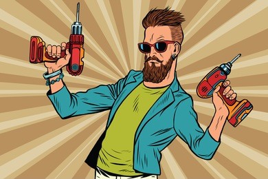 hipster repairman with a drill. pop art retro vector illustration. home repairs. mens work
