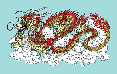 chinese dragon in the sky surrounded by clouds. vector illustration on blue background
