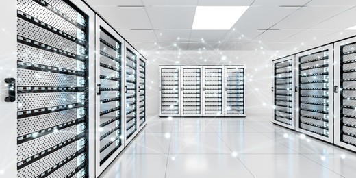 white and blue abstract network on server room data center 3d rendering