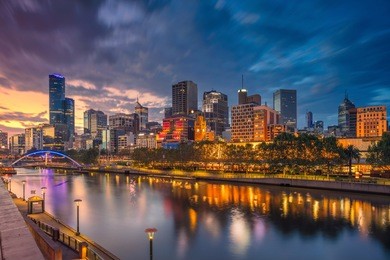 city of melbourne. cityscape image of melbourne, australia during dramatic sunset.