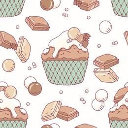 hand drawn seamless pattern with doodle cupcake and white milk chocolate buttercream. food background. vector illustration