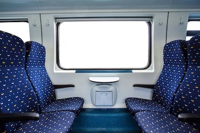 empty interior of the train for long and short distance in europe train carriage with blue seats.
