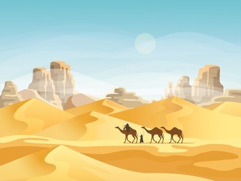 camel convoy with arabic people in desert with mountains. caravan on desert meadow at sunset, panoramic and outside view on wild nature. landscape and journey, travel and africa, tourism theme