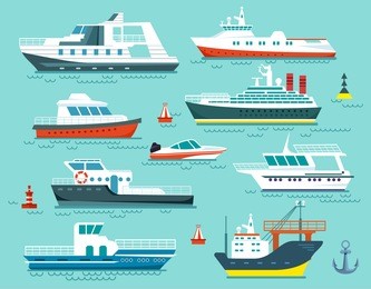 vector set of ships and boats in flat cartoon style.illustration of delivery,cargo and passenger marine ships on blue sea background