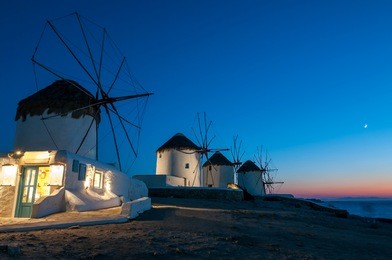 the windmills of mykonos island, greece.