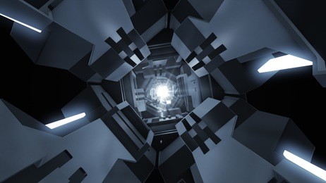 3d illustration futuristic design space ship interior infinite corridor.