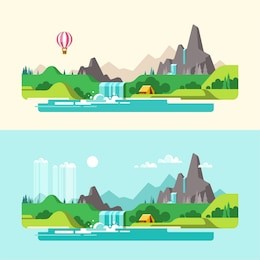summer landscape. weekend in the tent. hiking and camping. vector illustration in flat design style.