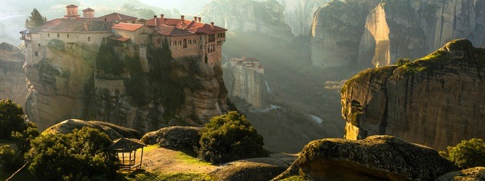 mysterious hanging over rocks monasteries of meteora, greece