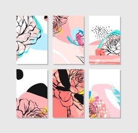 hand drawn vector abstract creative unusual save the date cards template collection set with graphic flowers in pastel colors.hand made textures. wedding, anniversary, birthday, party invitations.