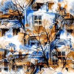 watercolor, gouache, ink. city sketch. spring, sky, trees, houses. seamless pattern for textiles, fabrics, souvenirs, packaging and greeting cards.