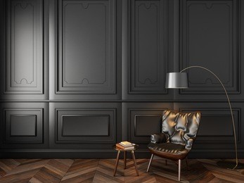 leather armchair coffee table and floor lamp in classic black interior. 3d render illustration