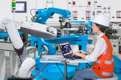 woman software engineers developing automated robotic in production line, industry 4.0 concept