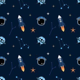cosmic seamless vector pattern.colorful background with rocket,star and constellation.astronomy textile texture