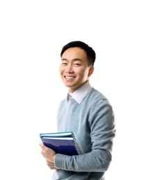 handsome young asian teacher on white background