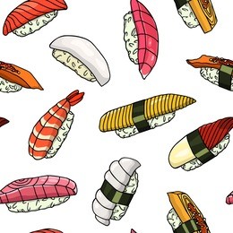 vector seamless pattern with hand drawn nigiri sushi. beautiful food design elements, perfect for any business related to the food industry.