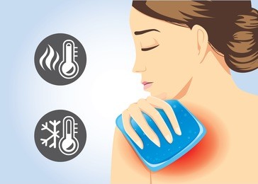woman relief of shoulder pain with cold and hot pack gel. illustration about first aid equipment.