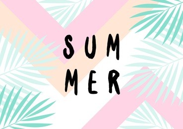 retro typographic summer design with palm leaf silhouettes and triangles shapes in pastel colors.