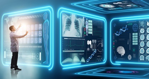 man doctor in futuristic medicine medical concept