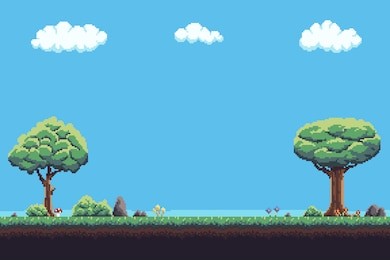 pixel art game background with tree, ground, grass, rocks, flowers, mushrooms, sky and clouds