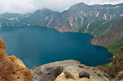 volcanic rocky mountains and lake tianchi, wild landscape, national park changbaishan, china