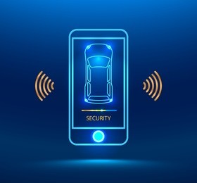 smart car alarm system icon. the smart phone controls the car security on the wireless and reports the owner a level of protection of the car. cybersecurity future. vector illustration concept