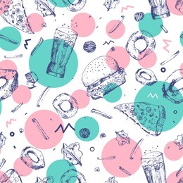 vector modern sketch fast food seamless pattern. colorful junk food wrapping with pizza slices, burger, french fries and hot dog. great for menu, poster or restaurant background, banner